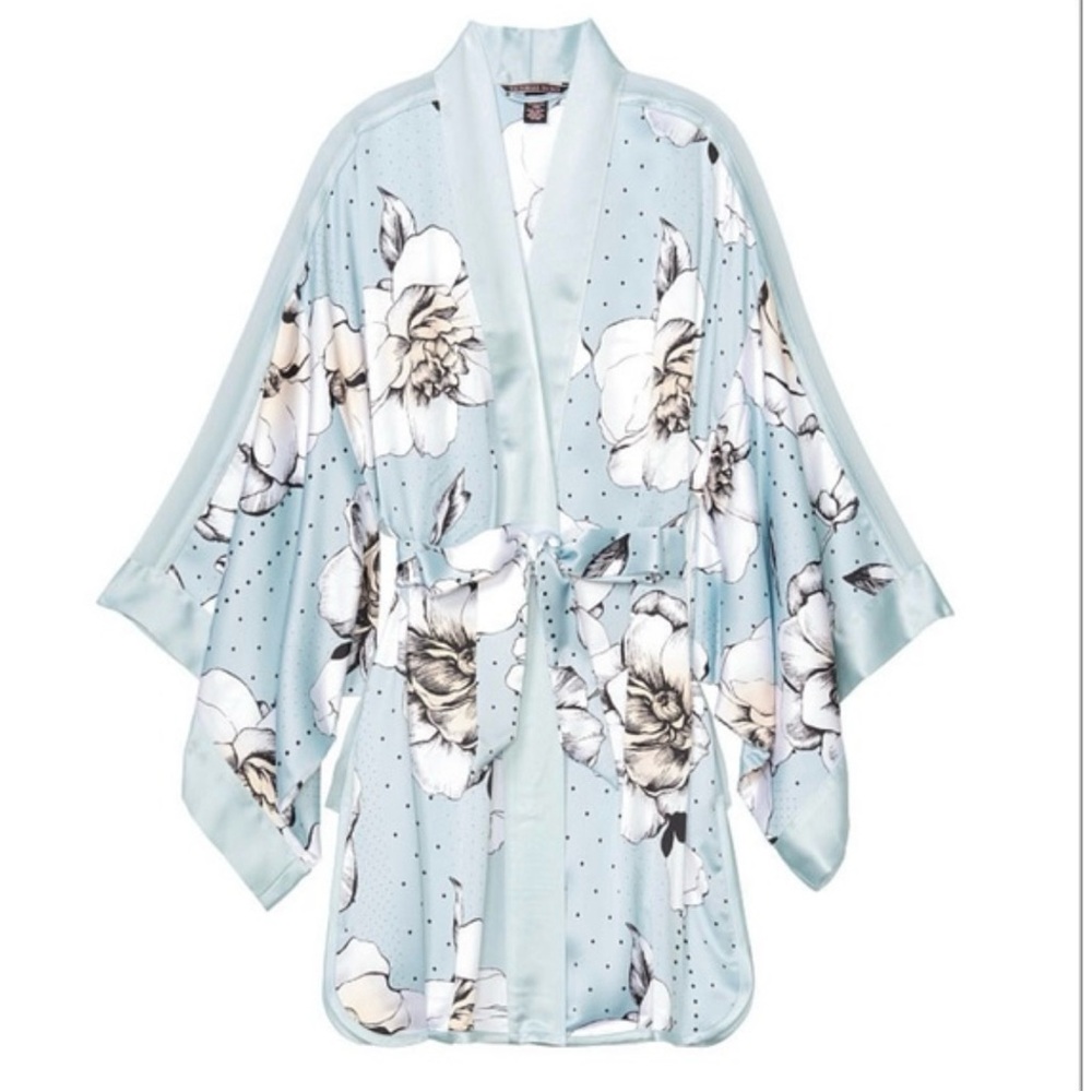 Victoria's Secret Floral Satin Kimono Sky Blue Size M/L  Excellent Condition